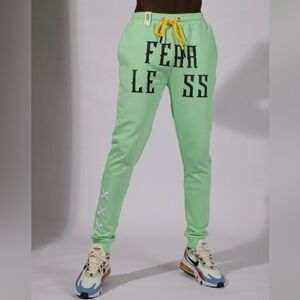Embroidery Print Drawstring Mens Joggers Fearless Light Green and Yellow S